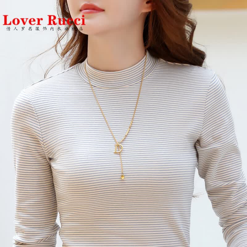 LOVER RUCCI纯棉秋冬半高领条纹打底衫女内搭新款百搭中领长袖t恤保暖上衣女 杏条 XL 【 建议115-125斤】
