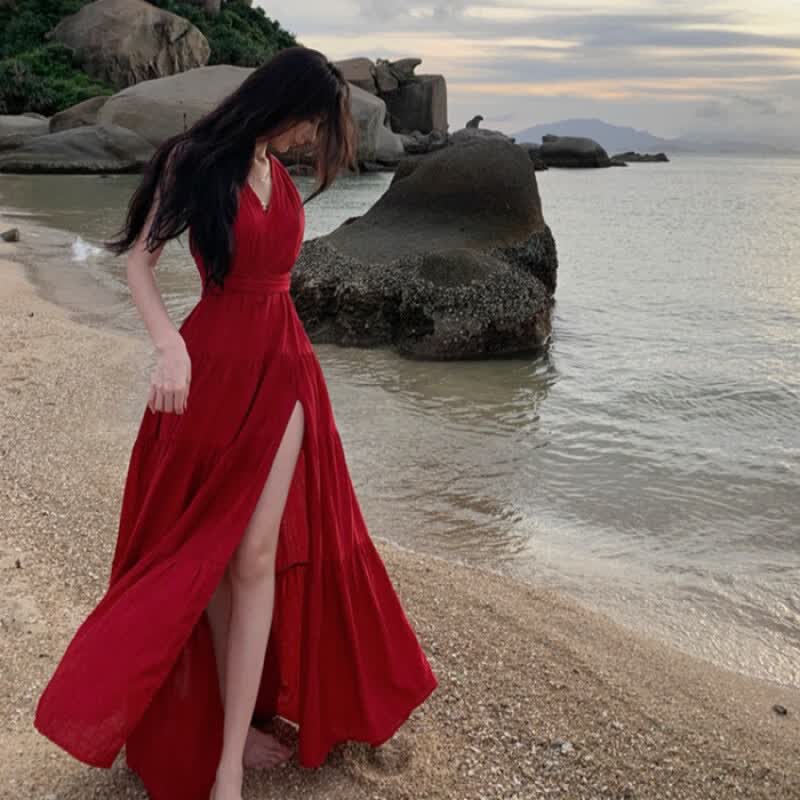法式红色v领绑带挂脖连衣裙女海边度假绝美露背性感开叉显瘦长裙 酒红色 L