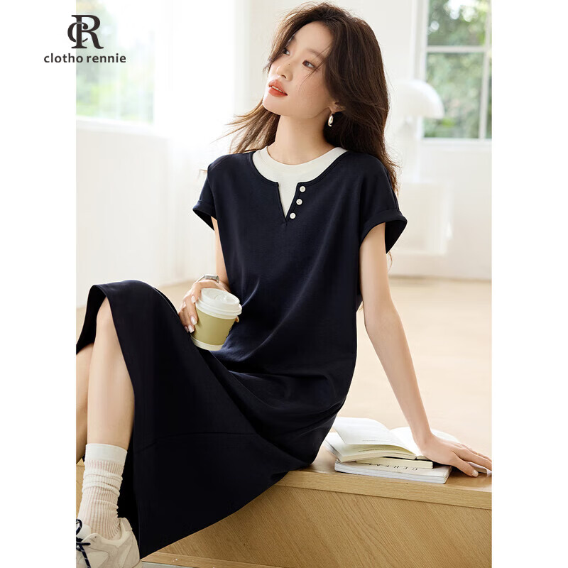clotho Rennie品牌女裝連衣裙女2025夏季新款時尚休閑撞色拼接遮肚子顯瘦裙子 藏青色 L