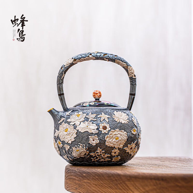 蜂鸟工坊傳家银壶纯银999烧水壶纯手工高端錾刻万花包金嘴提梁大壶银
