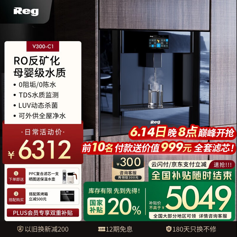 雷哲（Reg）V300-C1嵌入式直饮机内置RO反渗透滤芯家用即热式饮水机智能彩屏操作界面净饮一体机 V300-C1一体式RO反渗透滤芯款
