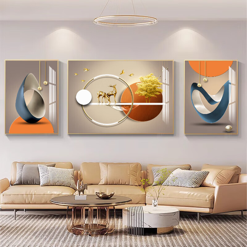 柳莺花燕轻奢新款沙发背景墙装饰画寓意好大气三联画现代简约客厅挂画 家和富贵 大套(左右60X80X中110X80)亚光纹理 铝合金边框(默发金色框)