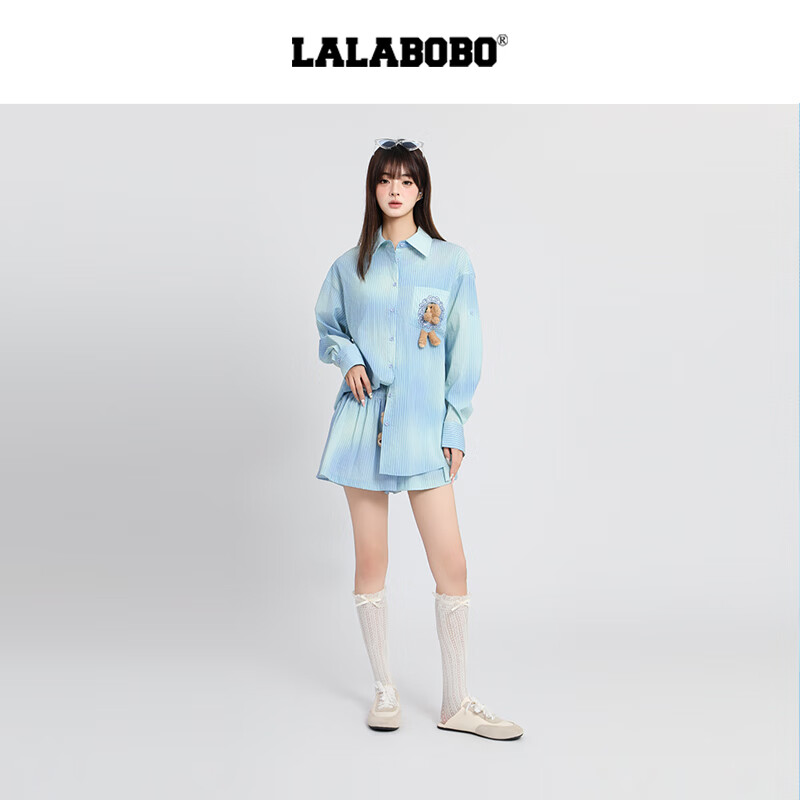 拉拉波波【张泽禹同款】LALABOBO衬衫25年夏新款原创清新渐变印花长袖上衣 蓝色 S