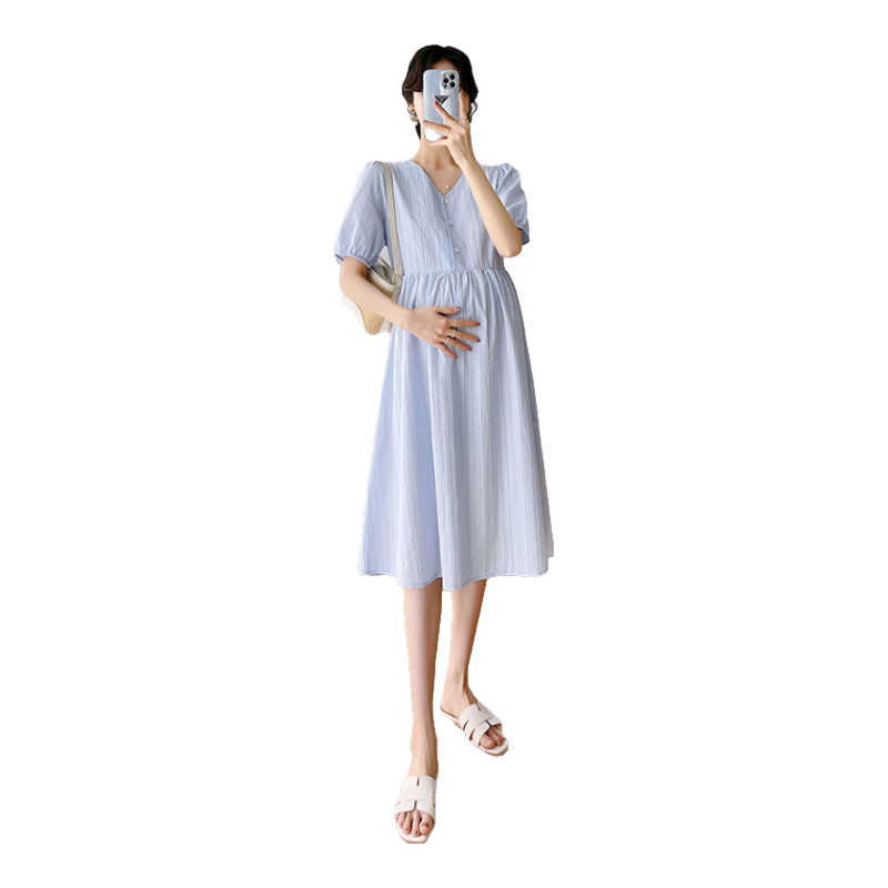 婧麒（JOYNCLEON）孕婦裝夏季寬松連衣裙小個子孕婦裙薄款清新可哺乳 藍L Jly156270