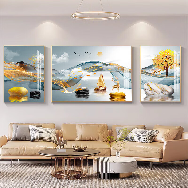 柳莺花燕轻奢新款沙发背景墙装饰画寓意好大气三联画现代简约客厅挂画 家和富贵 大套(左右60X80X中110X80)亚光纹理 铝合金边框(默发金色框)