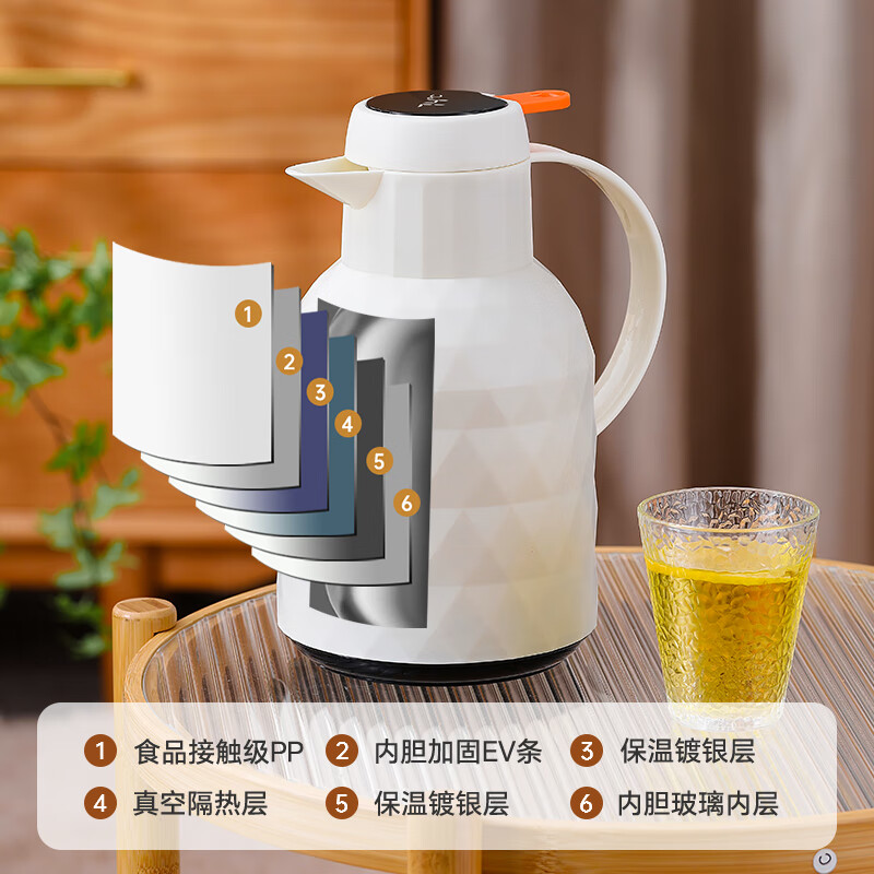 乐唯诗(NERVISHI) 保温壶25新款家用保温水壶大容量暖水瓶玻璃内胆热水壶开水暖瓶 钻纹保温壶【温显款】米白色1L