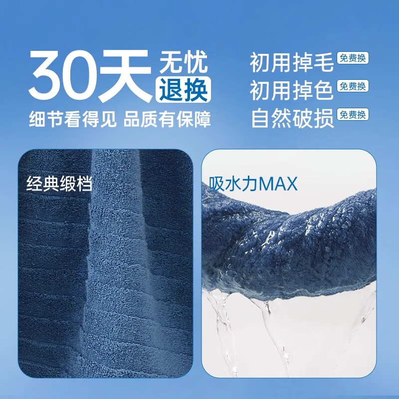 洁丽雅（grace）A类纯棉浴巾洗澡柔软吸水速干不掉毛男士女成人加大加厚浴巾 深兰+深灰【标准款 | 135*70cm】