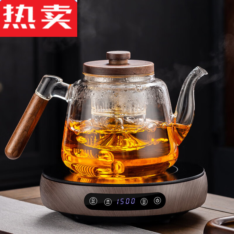 Count Qiabei日本进口品质高硼硅玻璃蒸煮茶壶胡桃木泡茶壶电陶炉养生壶家用小 烟灰胡桃木把壶+智能木纹炉 1500 901mL(含)-1L(含)