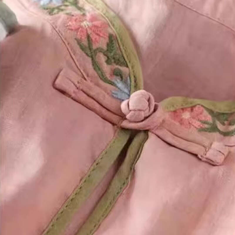 子牧棉麻春夏装 女复古绣花衬衫新中式国风刺绣宽松盘扣开衫上衣1220 粉色 L (建议115-125斤)