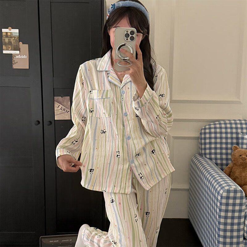 萧淑妃蜡笔小新睡衣女春秋季纯棉ins卡通青少年学生长袖开衫家居服套装 熊猫 M
