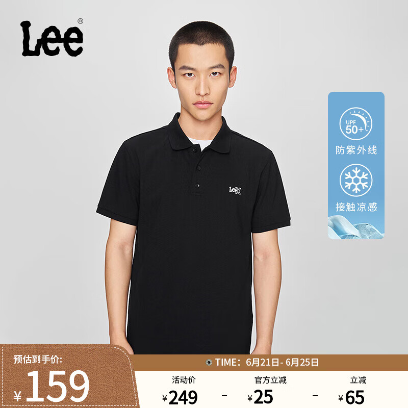 Lee春夏新品标准版防晒紫外线刺绣Logo男女同款凉感短袖polo衫 黑色 L