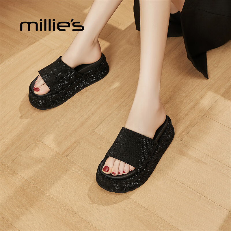 妙丽拖鞋女厚底外穿露趾细钻时尚2025夏季新款百搭配裙子半拖鞋 黑色 37 (235mm) 标准码
