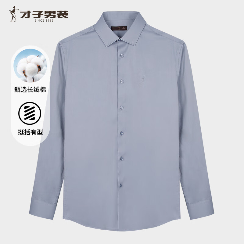才子（TRIES）商务休闲纯色长袖衬衫长绒棉亲肤柔滑白衬衣刺绣LOGO职场上衣正装 灰色 2XL 41(175/96A)