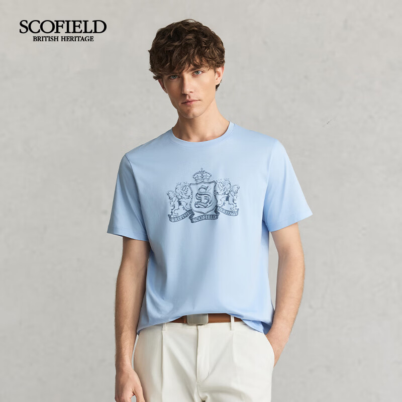 Scofield男士24年夏季新款长绒棉印花圆领舒适短袖全棉休闲T恤 浅蓝色 XL (180)