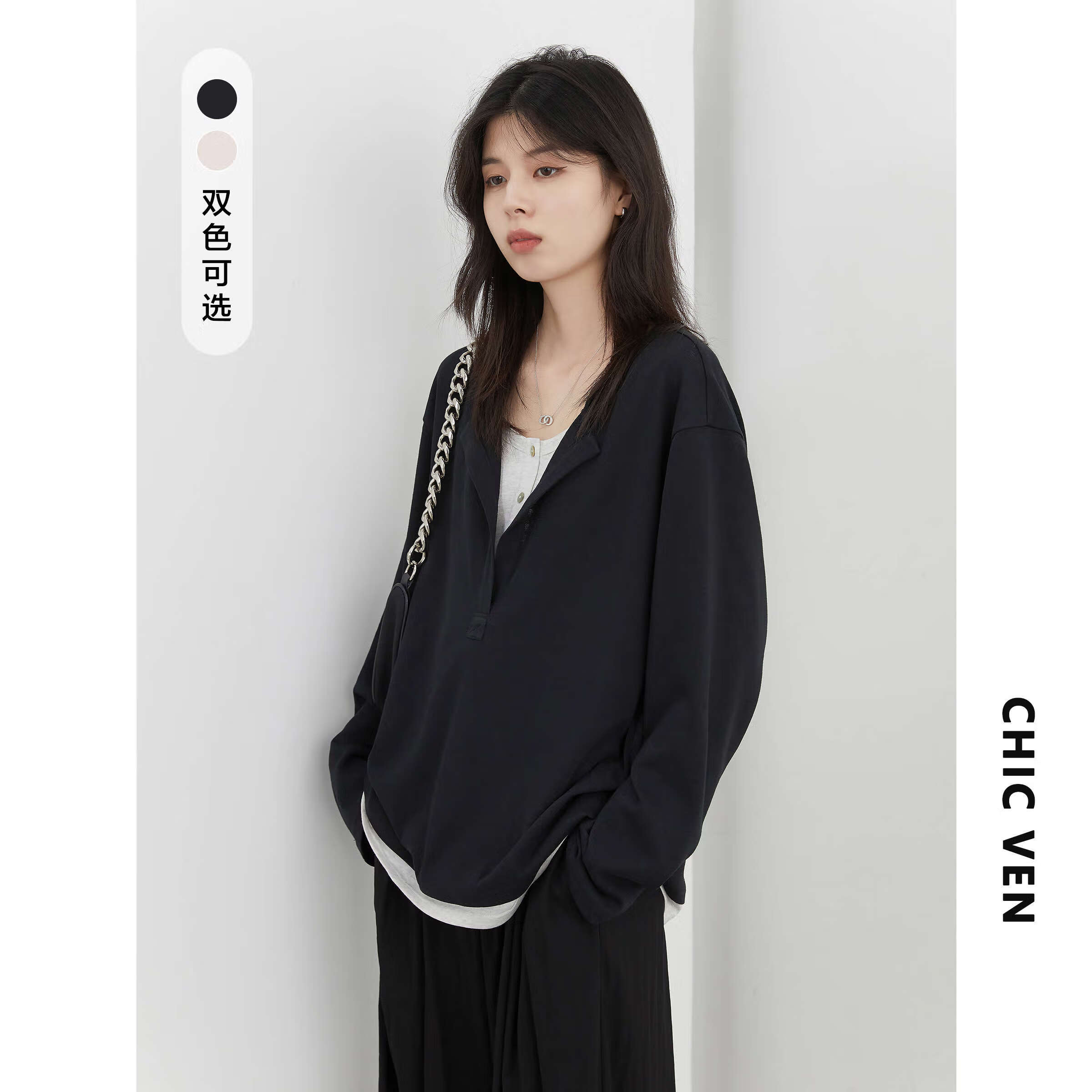 CHIC VEN 2026春季新款慵懒感撞色假两件针织T恤宽松落肩长袖衫女chicven 黑色 L （60-70公斤）