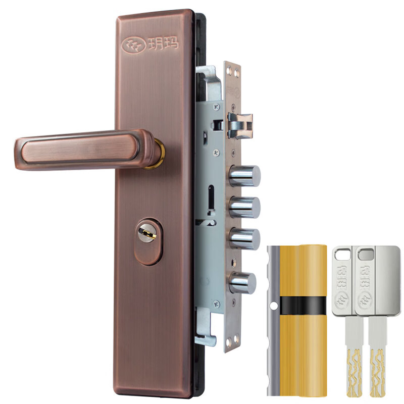 玥玛防盗门锁套装入户大门锁整套超C级锁芯不锈钢防盗门把手上门安装 红古铜套装上门安装