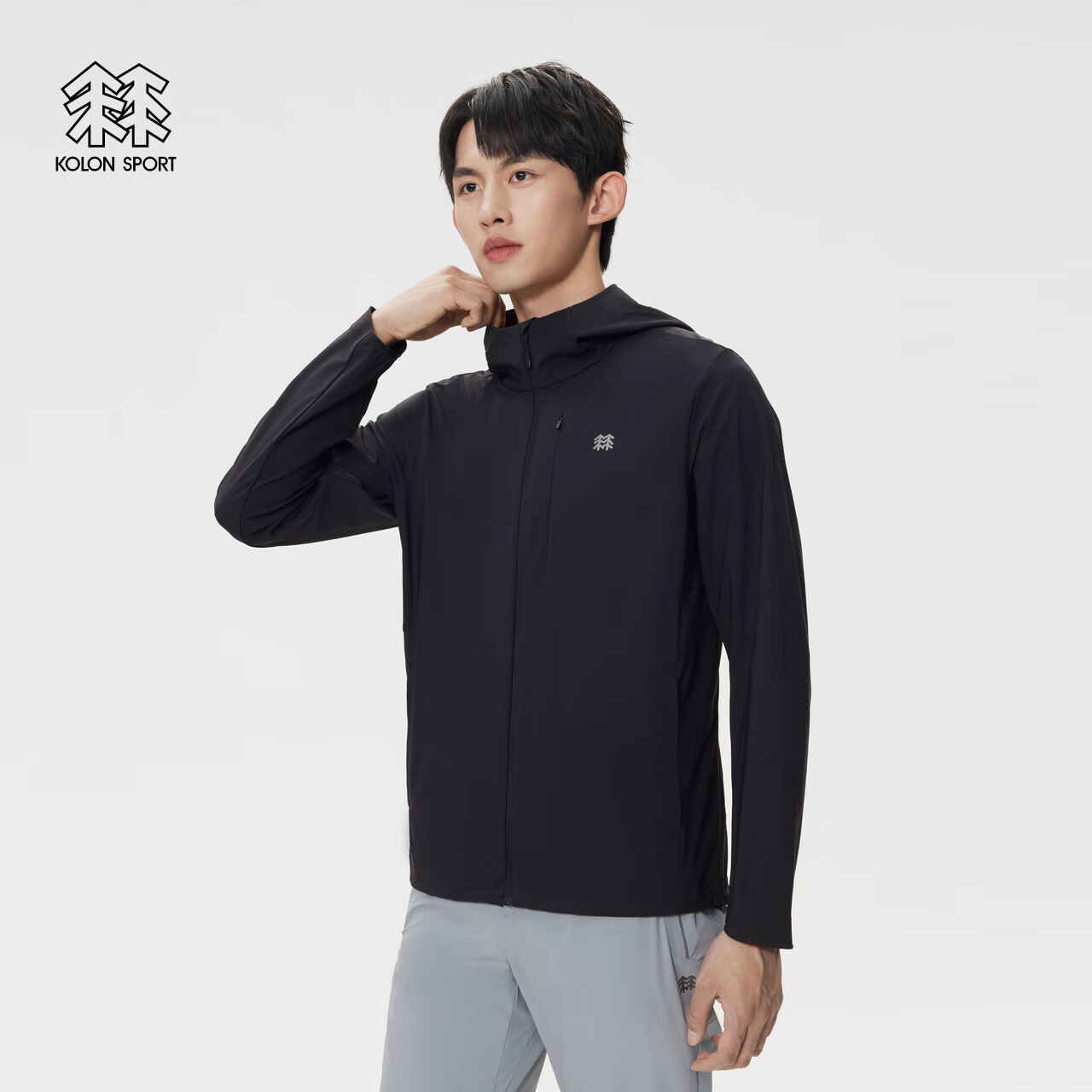 KOLON SPORT/可隆户外针织夹克 男子接触凉感防晒UPF50+冷黑外套 LHJK5AN003-BK 黑色 M 170/92A