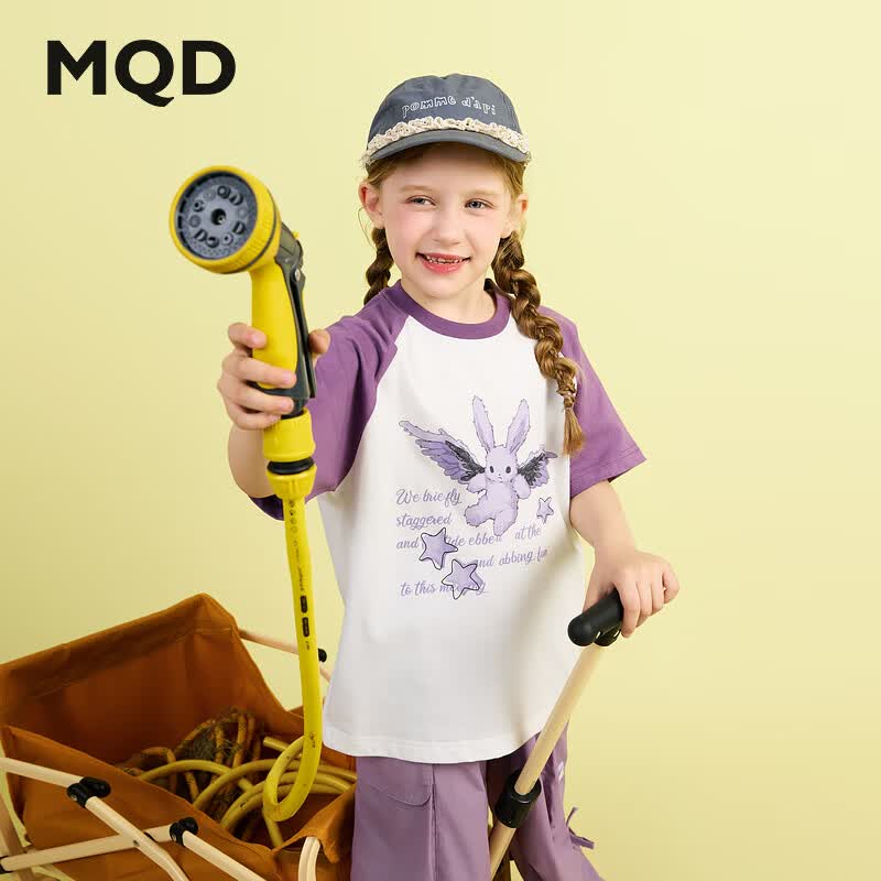 马骑顿（MQD）女大童夏季新品学院风插肩袖卡通甜酷穿搭亲肤T恤 米白 160