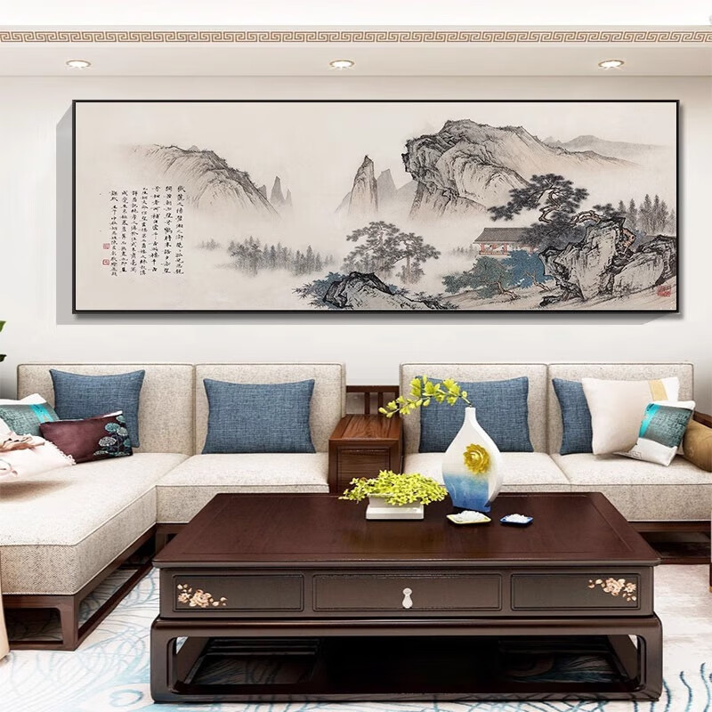 柳莺花燕流水生财客厅挂画新中式沙发背景墙国画办公室装饰字画山水画壁画 旭日东升 100cm*200cm【铝合金框】 画布纹理【画面】