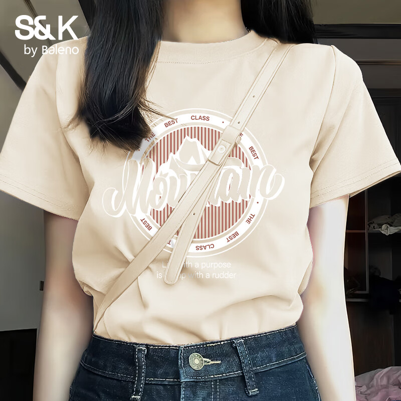 班尼路S&amp;K纯棉短袖T恤女2026年夏季女装新款潮流休闲简约百搭复古风上衣 杏#Z复古印花 M