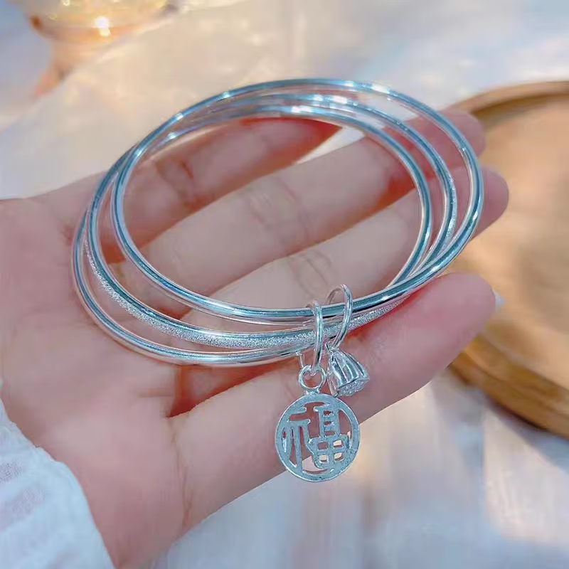 三生三世足银9999手镯年轻款纯银实心素圈镯子送女友闺蜜礼物 三生三世莲莲福牌银手镯 圈口#56MM丨25丨证书丨礼盒