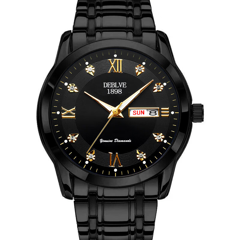 (0.01)手表男新款非机械机芯商务时尚简约日历防水全自动百搭休闲石英表 黑面黑带 -UP钻