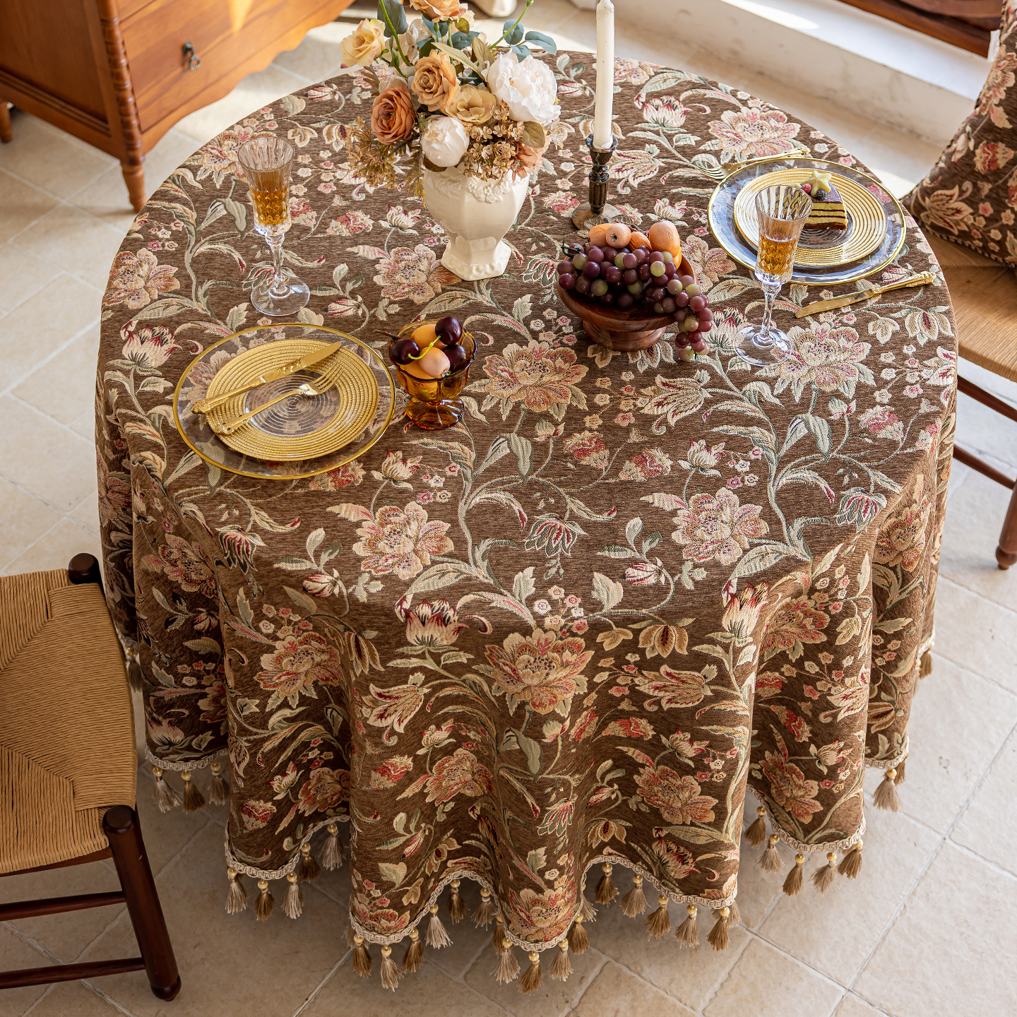 美妠斯欧式餐桌布高端家用客厅大圆桌桌布圆形绿色茶几饭桌布轻奢高级感 玛格丽特-棕(吊穗款) 280cm直径适合直径200-220cm圆桌
