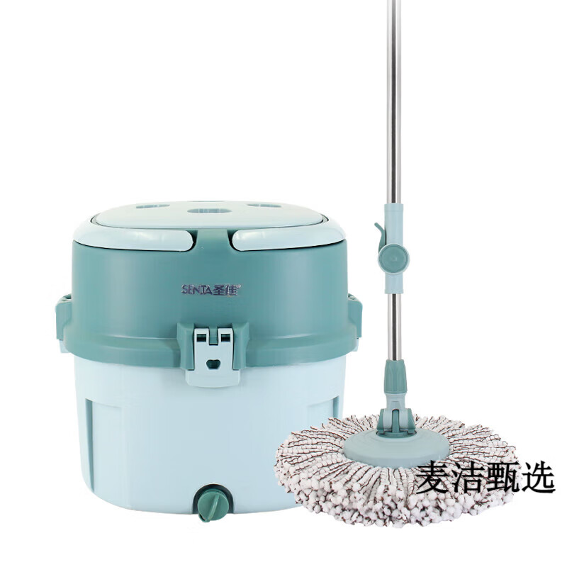 圣佳單桶旋轉拖把不銹鋼桶好神拖墩布手壓拖布拖把桶一拖凈單筒拖 流行藍 加長液壓桿分兩包 2個 金屬籃 加強桿+塑料盤