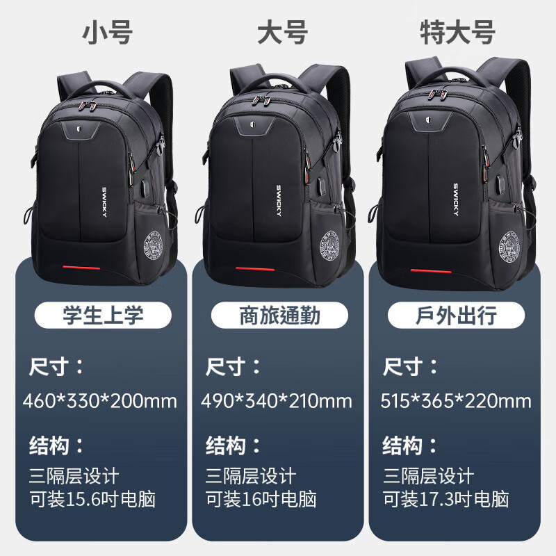 SWICKY瑞士商务电脑双肩包男士大容量笔记本电脑包通勤出差背包学生书包 升级版小号【日常通勤上学】 标准