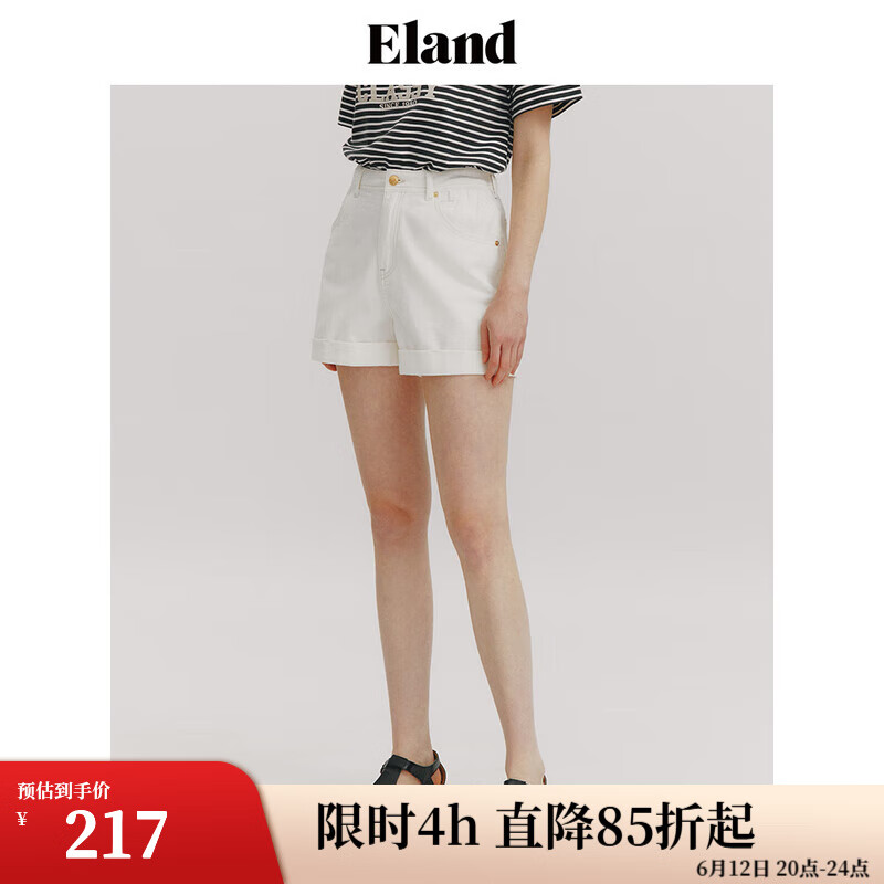 ELAND衣戀牛仔短褲女卷邊褲腳收腰直筒褲2024夏新款 象牙白/白色(39)Ivory L