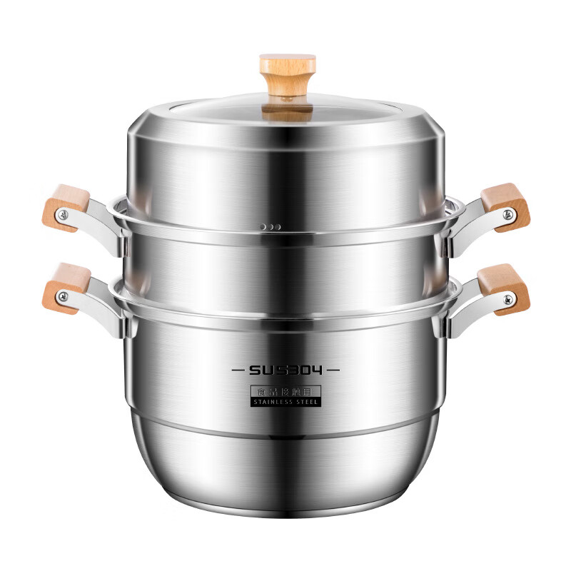 GNNDXX德国304不锈钢蒸锅家用三层大容量蒸馒头蒸鱼电磁炉燃气灶煤气灶 32CM三层蒸锅-木柄款【304材质】 32cm