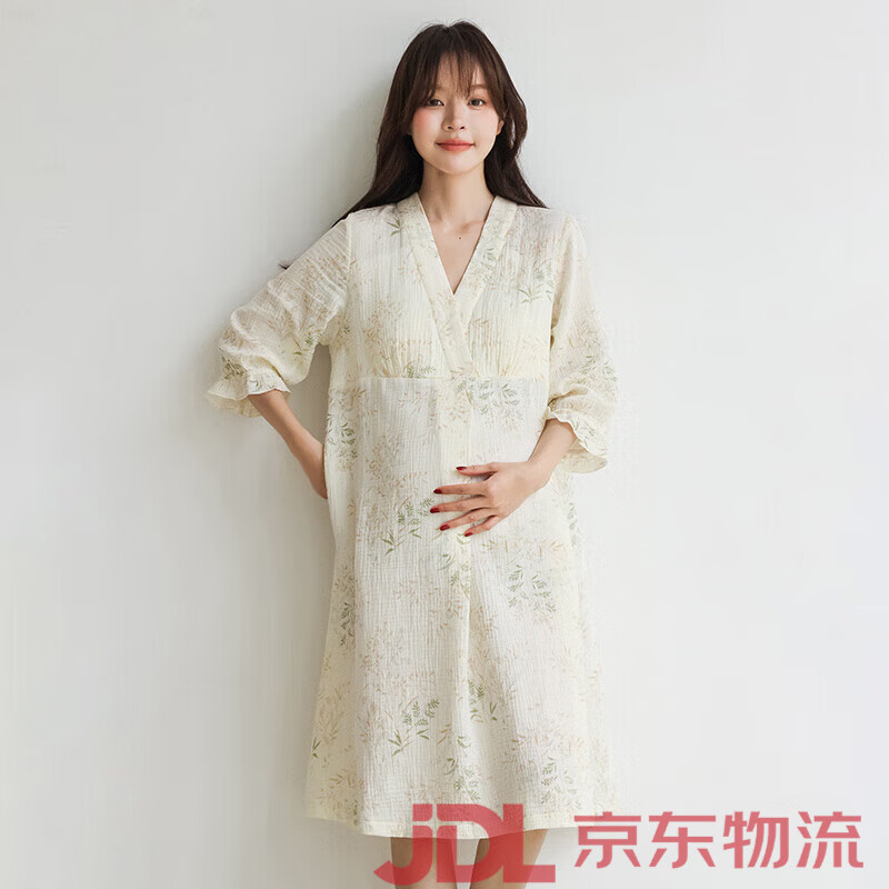 米度麗帶胸墊哺乳睡裙春夏純棉a類(lèi)紗布月子睡衣醫(yī)院產(chǎn)婦產(chǎn)房待產(chǎn)裙孕婦 米杏底竹葉花 M