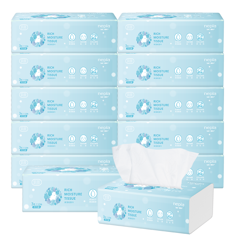 妮飄(Nepia)潤(rùn)顏保濕紙3層110抽*12包整箱抽紙乳霜紙寶寶紙巾云柔紙敏感適用
