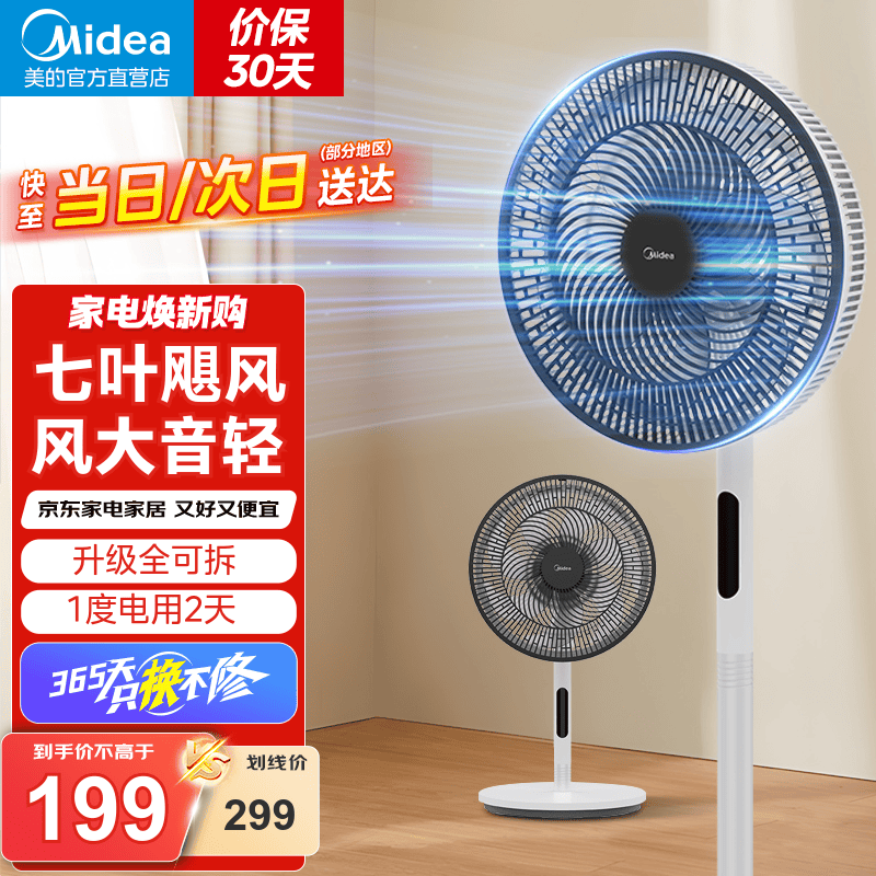 美的（Midea）电风扇 家用风扇落地扇 立式轻音节能强风电扇 宿舍降温循环柔风自然风桌面 【7叶落地遥控-全可拆卸】SAH35BJD