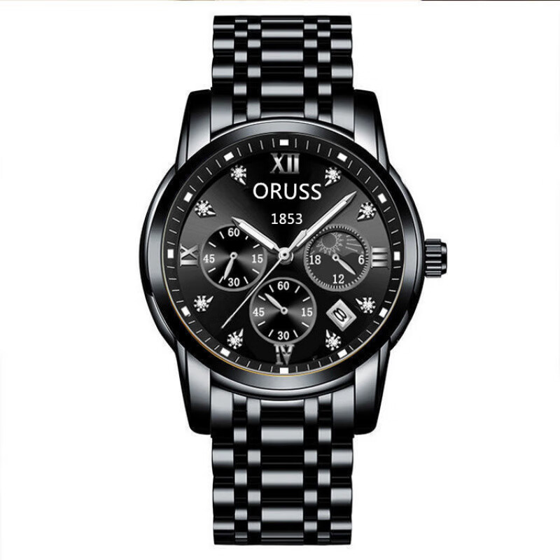 (0.01)全自动机芯手表瑞士防水夜光男表日历款进非机械时尚手表 运动款 运动黑带黑面【钢带】