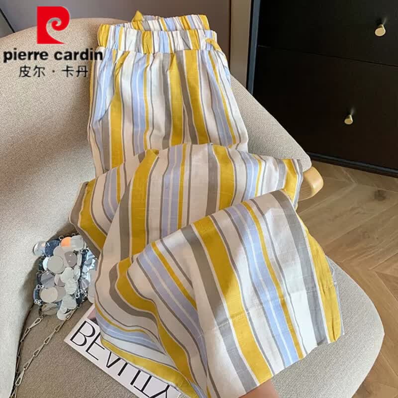 皮尔卡丹特大码80-300斤减龄撞色竖条纹松紧腰休闲裤夏季宽松显瘦阔腿裤 黄色 XL 110-130