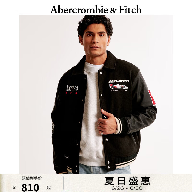 ABERCROMBIE & FITCH男裝24秋冬款美式邁凱倫學(xué)院風(fēng)黑色棒球服夾克外套KI132-4105 黑色 S (175/92A)