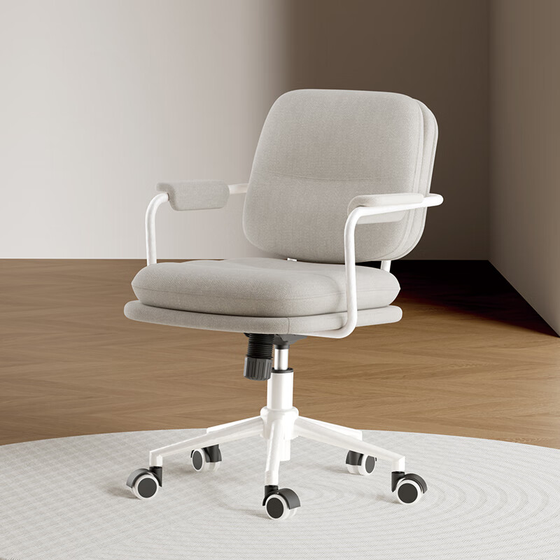 黑白調(diào)（Hbada）女生化妝椅臥室電腦椅辦公椅靠背椅子人體工學(xué)小皮椅簡(jiǎn)約 R1海鹽淺灰天然麻纖維_空氣海綿 鋼制腳_ 固定扶手