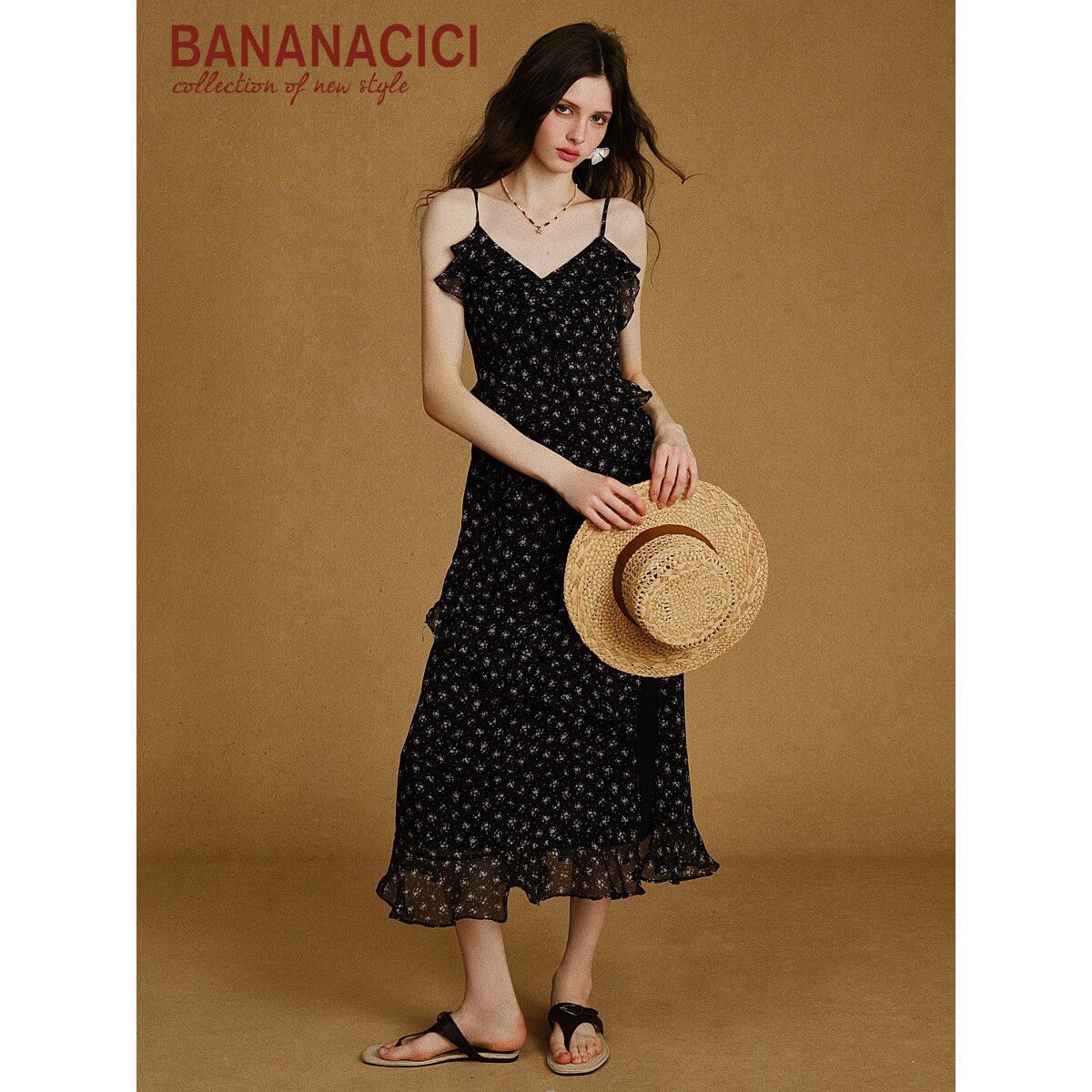 banana cici2025年秋季新款浪漫气质荷叶边雪纺碎花吊带连衣裙C2F3LY008 黑色 L