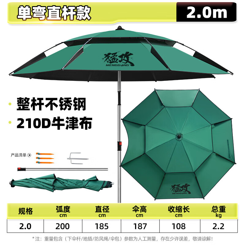 猛攻釣魚傘2025新款大釣傘戶外專用加厚拐杖防曬防雨傘沙灘遮陽傘 2.0米 單彎直桿牛津布+不銹鋼傘