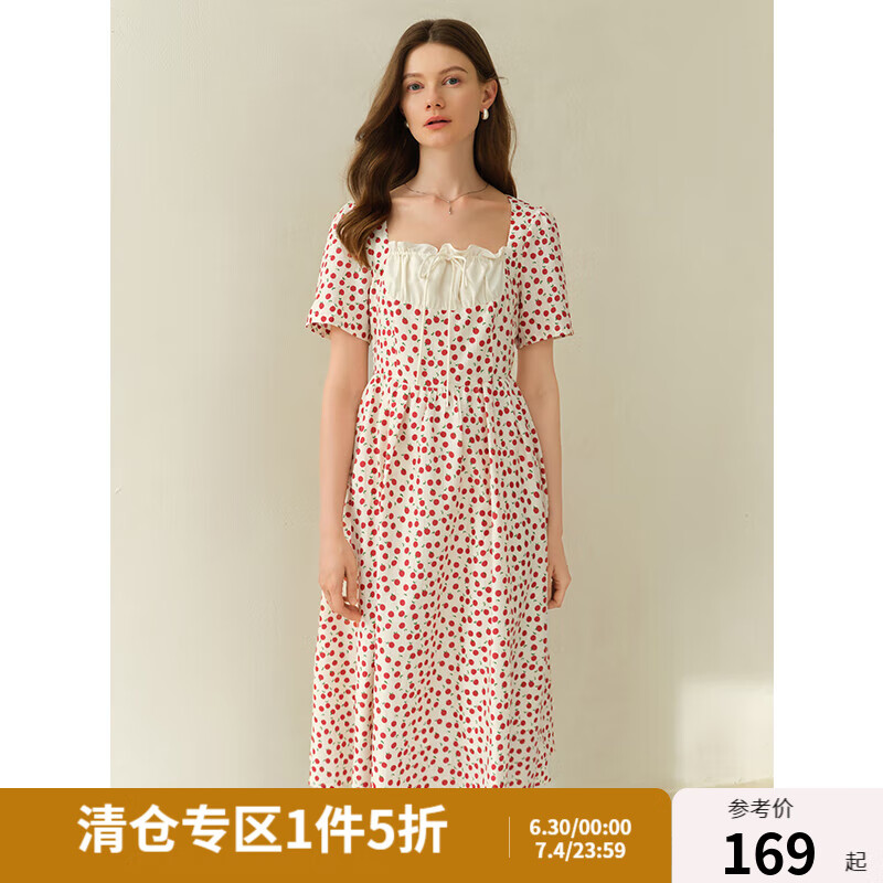 獨束大碼女裝法式木耳邊抽繩碎花連衣裙夏新款甜美收腰顯瘦A字裙 櫻桃紅 XL （尺碼：3）