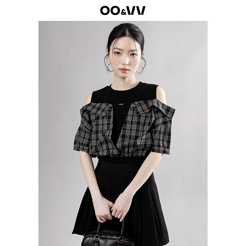 OO&VV设计感假两件格子短袖衬衫女2025夏季女装露肩显瘦小众上衣 黑色 L