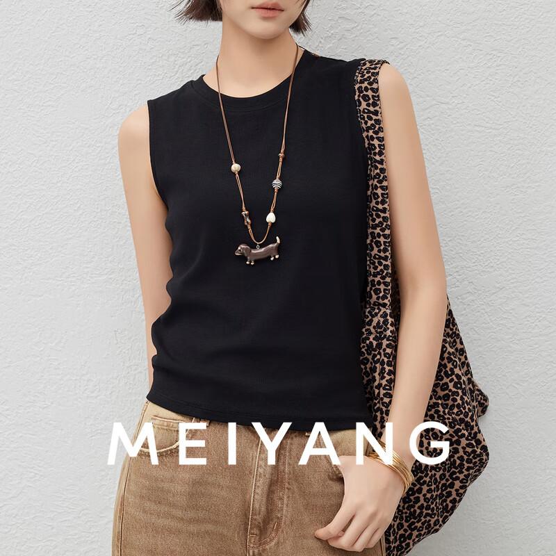 美洋（MEIYANG）云朵糖背心 竖纹肌理基础百搭短款圆领无袖上衣 黑色 M