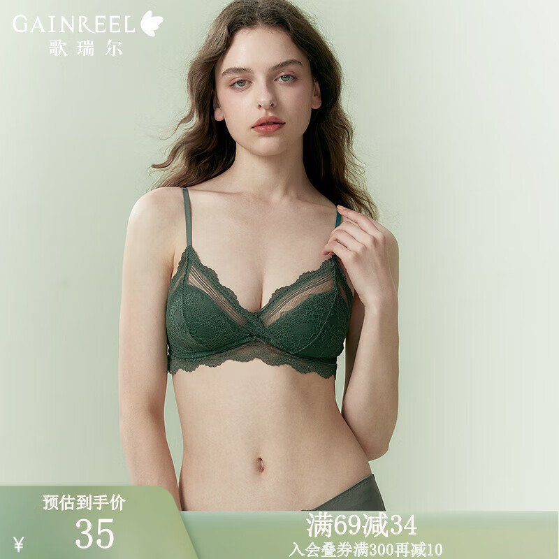 Gainreel歌瑞尔舒适透气性感蕾丝内衣女无钢圈法式三角杯柔软支撑上托减龄文胸罩 雨林绿 200193A 70B