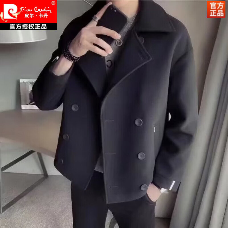 皮尔卡丹（pierre cardin）毛呢外套男士秋冬季短款加厚呢子大衣潮牌翻领夹克韩版潮流风衣男 绿色 3XL