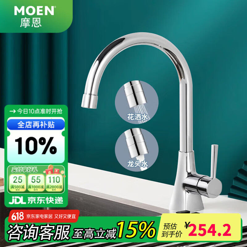 Ħ����MOEN�� �����Ҳ�����ˮ��ͷ ���ó���ϴ������ͷ����ת����˫��ˮ��ͷ �����ӿ����׿� ���������