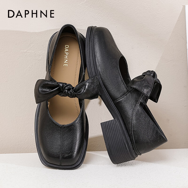 达芙妮复古玛丽珍女鞋2025新款鞋子女单鞋学院风乐福鞋厚底百搭小皮鞋ZJ 黑色【蝴蝶结款】 39