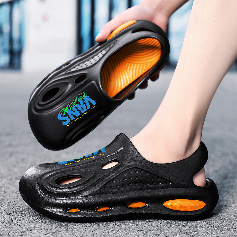 咔斑大码洞洞鞋男开车两用凉鞋外穿踩屎感全包涉水鞋大码沙滩凉鞋 黑