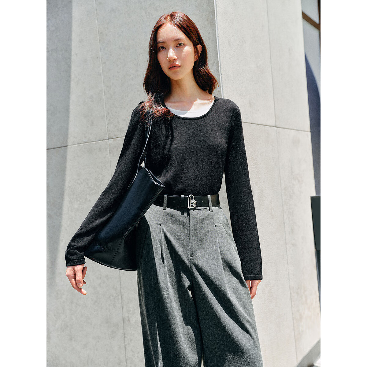 太平鸟秋冬毛针织衫集合链接新款打底无缝套衫女士开衫 假两件羊毛衫黑色 M