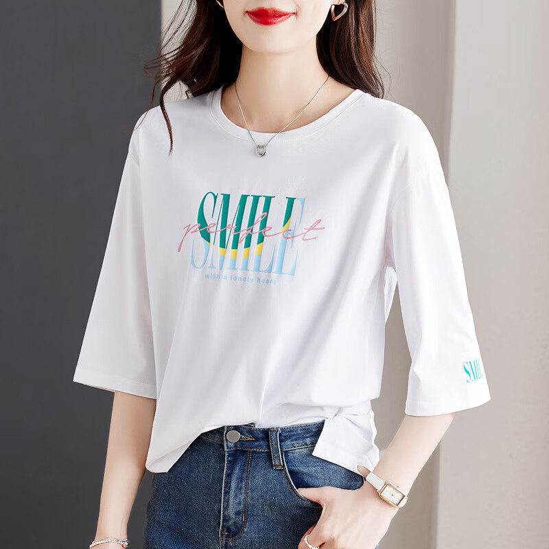 苏盈珈可夏季新款白色圆领五分袖t恤女装2025宽松薄款春夏中袖体 白色 M